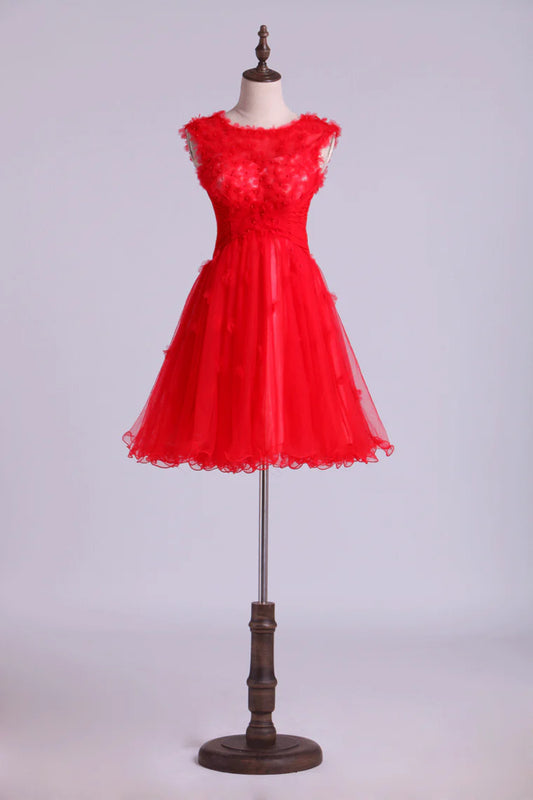Sheer dress with beautiful low back A-line short handmade flowers