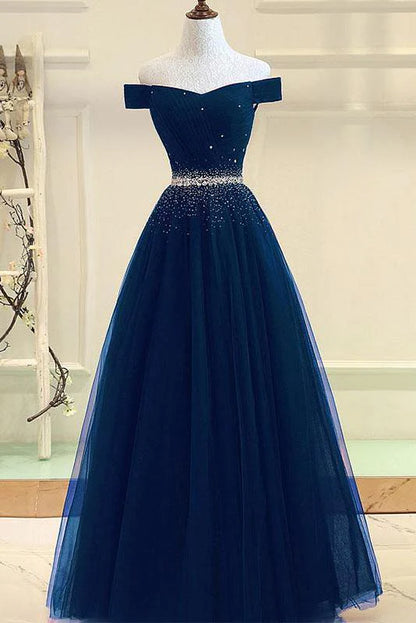 Elegant and beautiful tulle dance dress with off the shoulder one line skirt embellishment beads