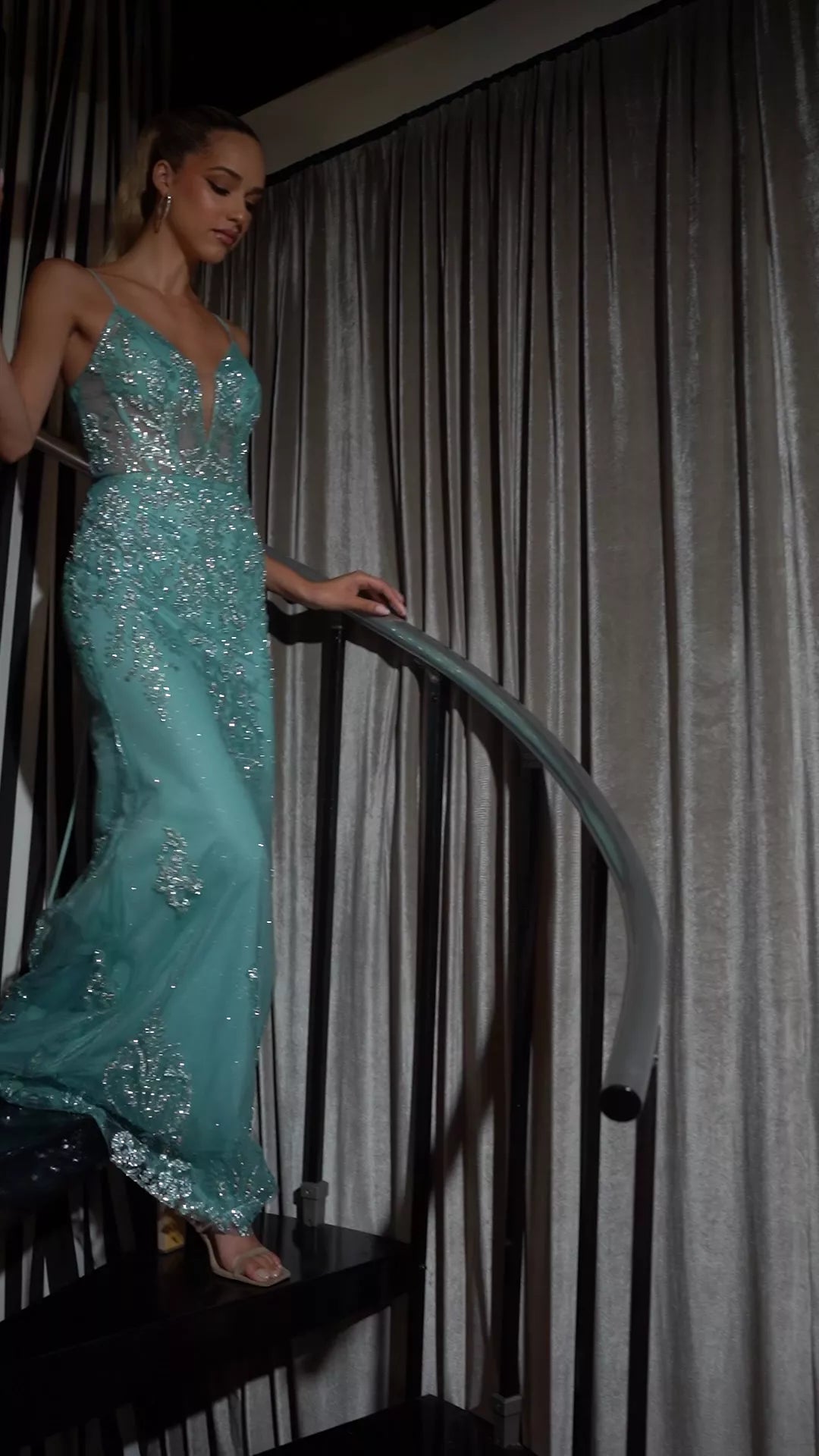 Turquoise Maxi Evening Dresses with Spaghetti Straps Deep V Neck Beaded Floral Embroidery Corset Back and Mermaid Train
