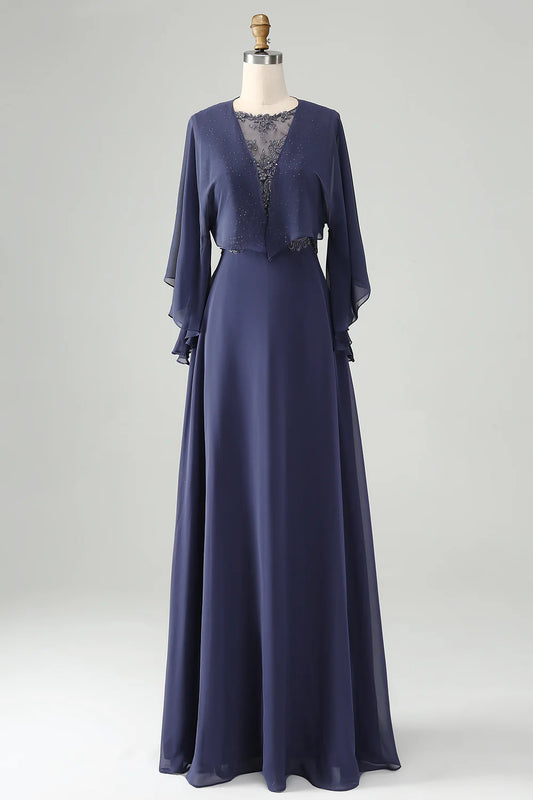 A Line V Neck Cap Sleeves Mother of the Bride Dress With Beading