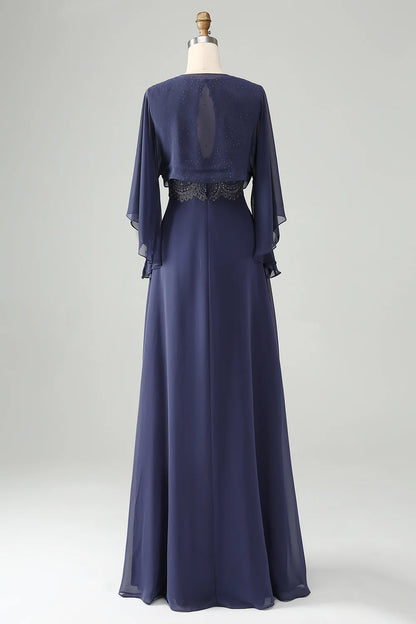 A Line V Neck Cap Sleeves Mother of the Bride Dress With Beading
