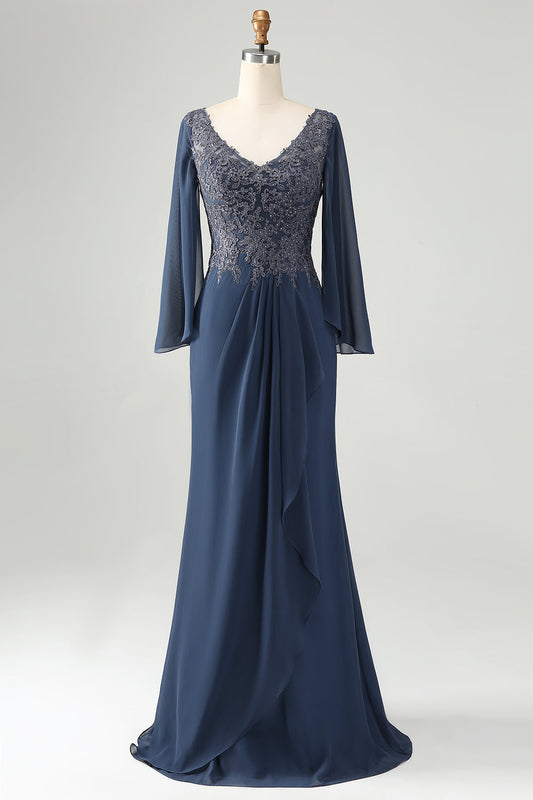 Mermaid V Neck Beaded Mother of the Bride Dress With Short Sleeves