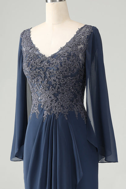 Mermaid V Neck Beaded Mother of the Bride Dress With Short Sleeves