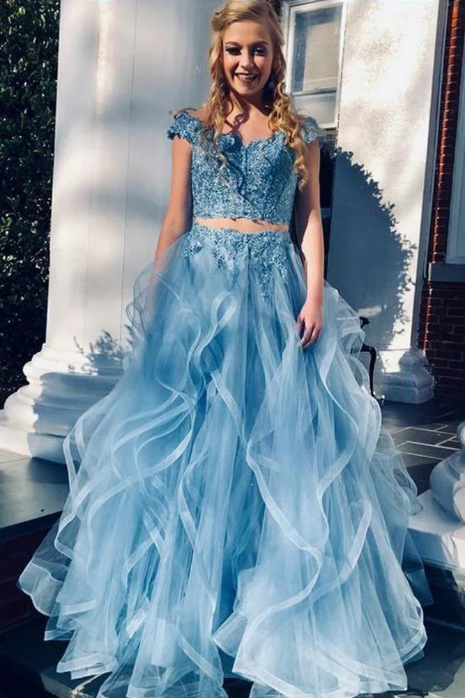 Two piece A-line sexy off the shoulder sheer ball dress adorned with pleated beads