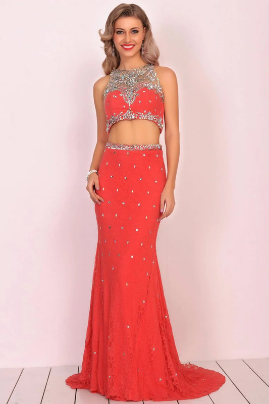 Two piece boat collar lace with beaded rhinestone mermaid tail formal dress