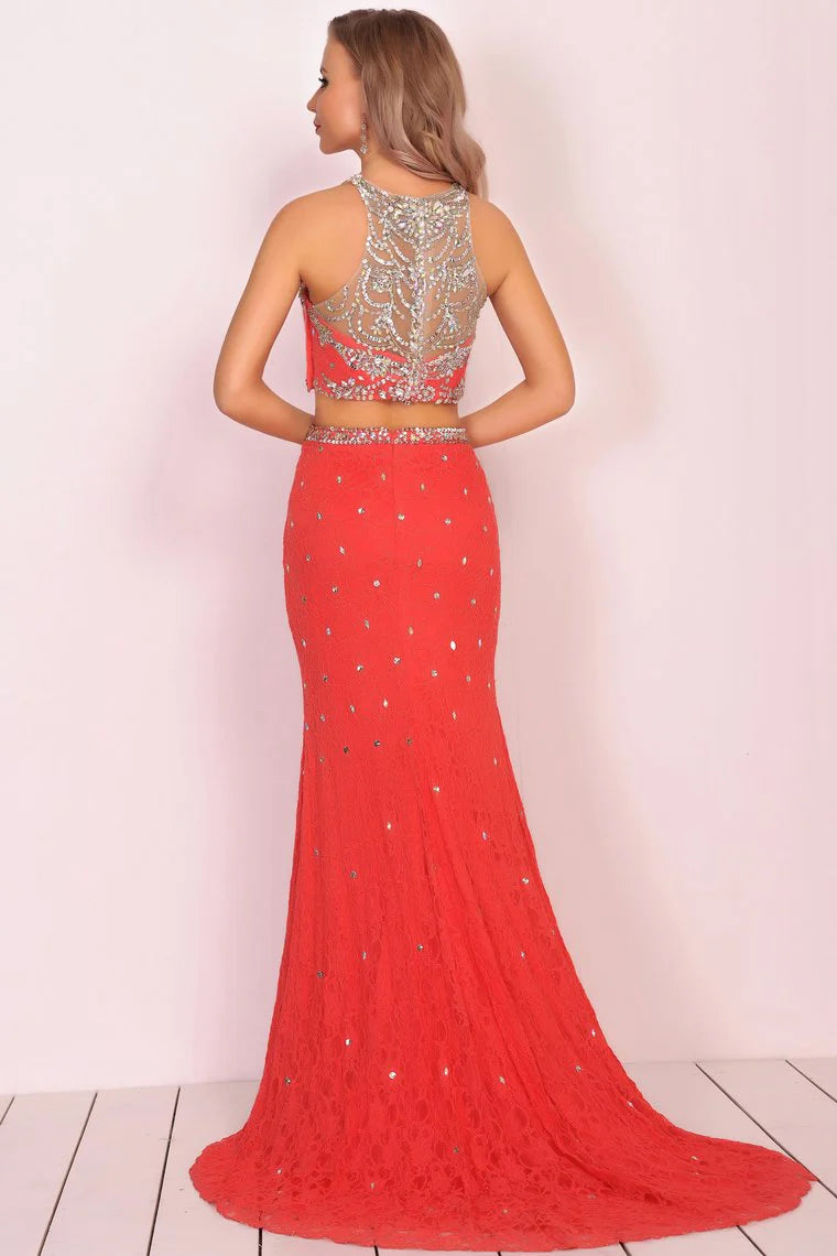 Two piece boat collar lace with beaded rhinestone mermaid tail formal dress