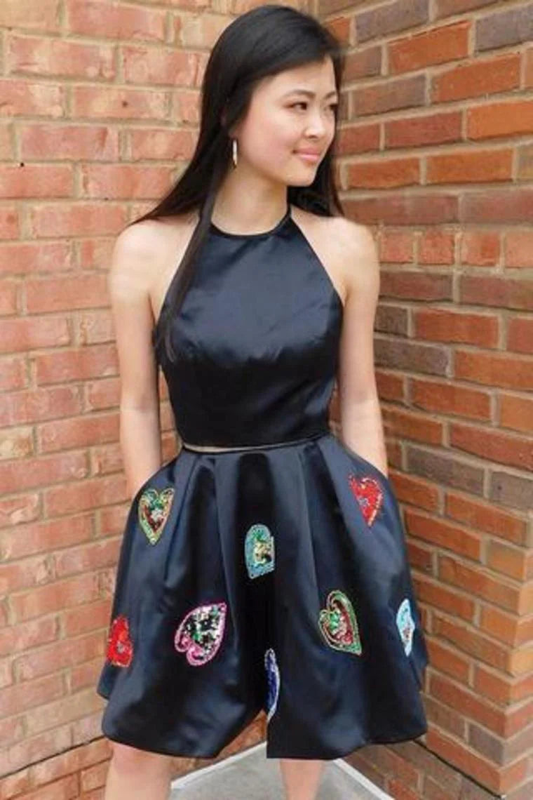 Two piece set r backless black return to school party cocktail ball dress with pockets