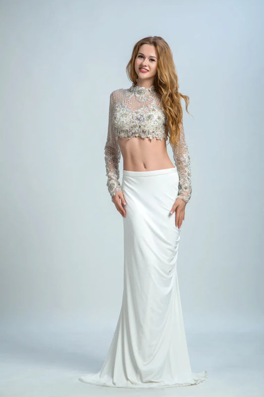 Two piece high necked spandex formal dress with decal beads embellishments