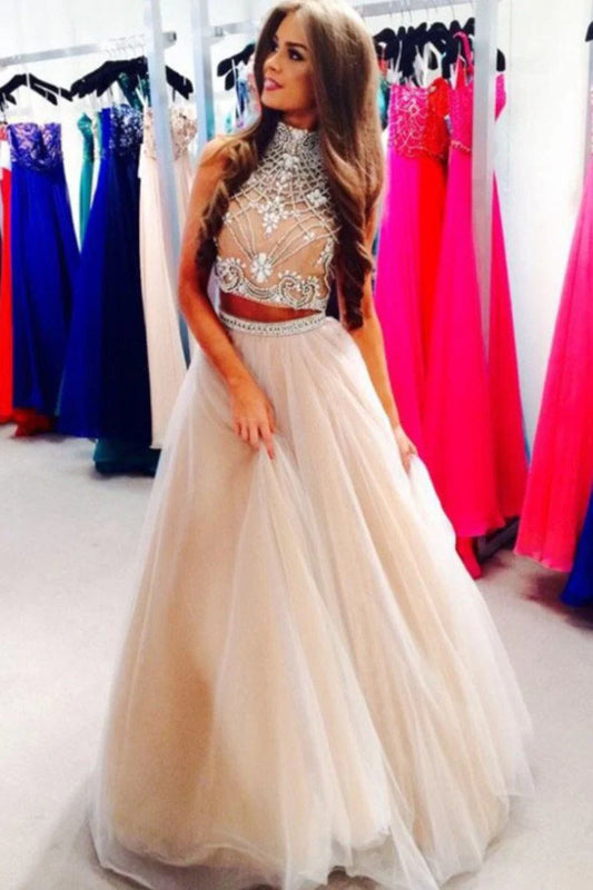 Two piece elegant high necked ball dress with A-line sheer beads