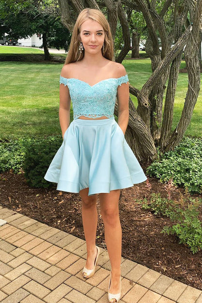 Two piece elegant off shoulder lace satin back to school dress