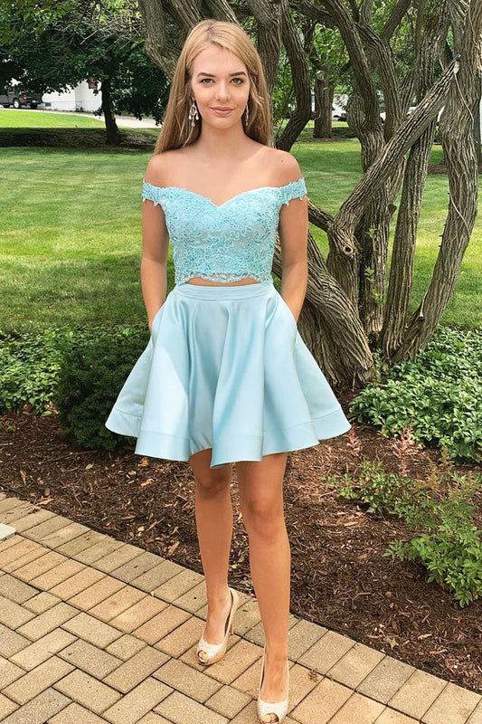 Two piece elegant off shoulder lace satin back to school dress