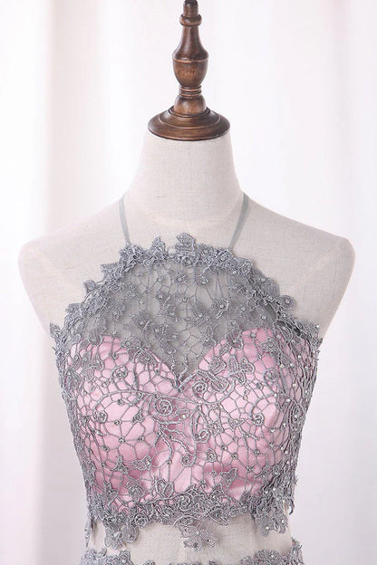 Two piece dress set with A-line sheer short mini lace tight fitting corset