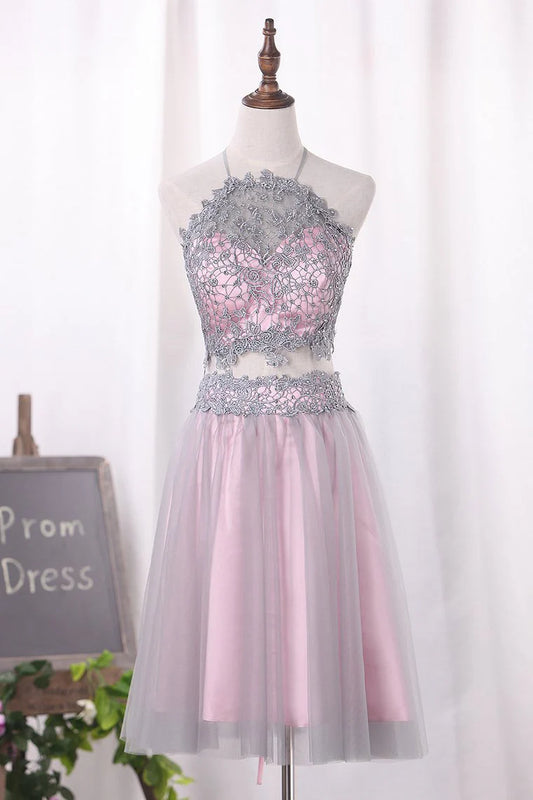 Two piece dress set with A-line sheer short mini lace tight fitting corset