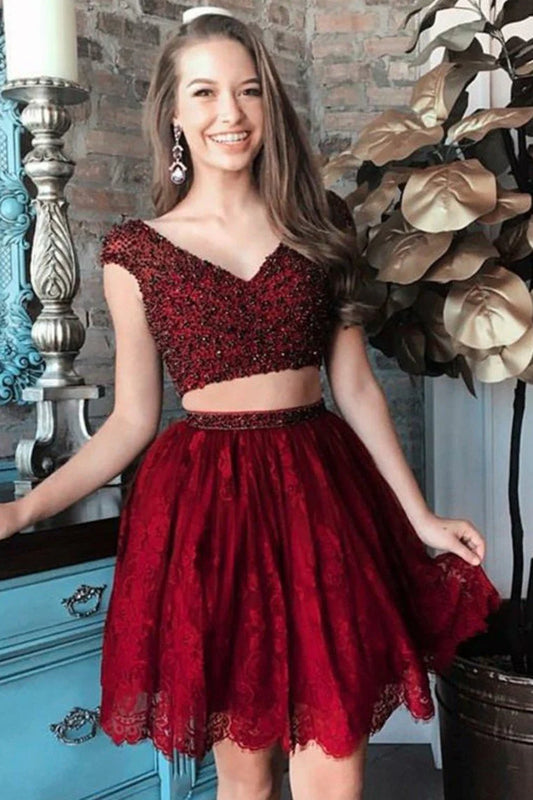 Two piece return to school party dress with V-neck short mini tie up
