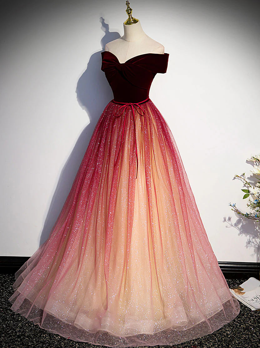 Burgundy A line tulle sequin long prom dress burgundy long dress