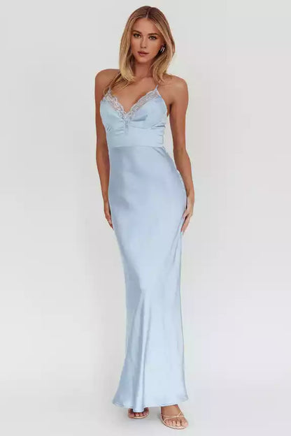 Unforgettable satin lace edge unlined adjustable cross shoulder straps with back zipper Prom Dresses