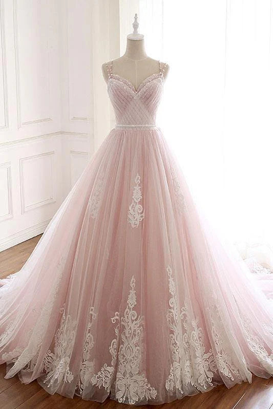 A-line Pink Sweetheart Tulle Italian Noodle Strap Long Lace Ball Dress UK
