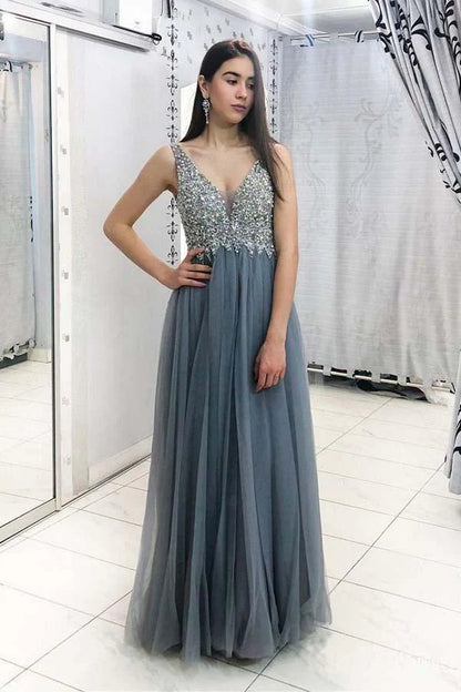 Unique gray bead long ball dress with V-neck sheer elegant evening gown