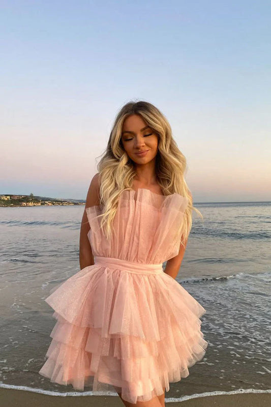 Elegant Pink Off Shoulder Layered Cake Back to School Short Ball Dress
