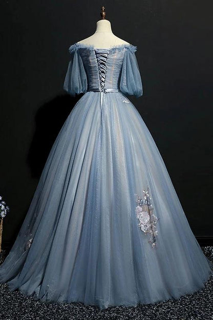 Unique fluffy off the shoulder half sleeved ball dress with embellished chiffon evening gown