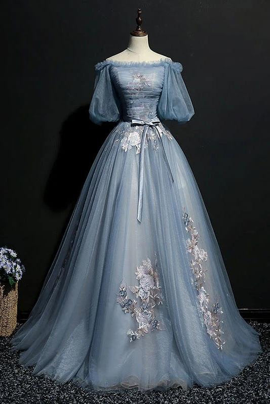 Unique fluffy off the shoulder half sleeved ball dress with embellished chiffon evening gown