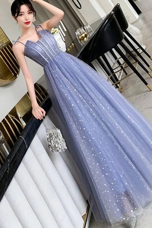 Unique Sparkling Strap Floor Tulle Ball A-Line Sleeveless Evening Dress