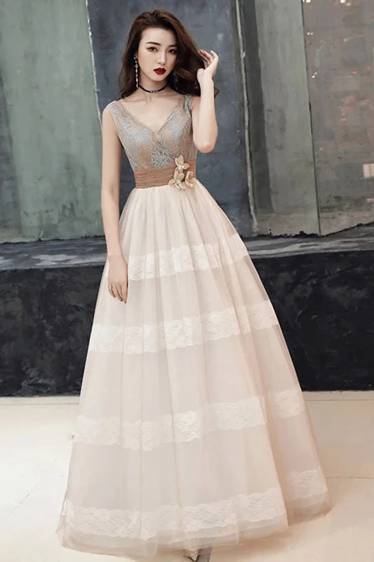 Unique and elegant V-neck sheer lace long ball dress sheer V-back evening gown