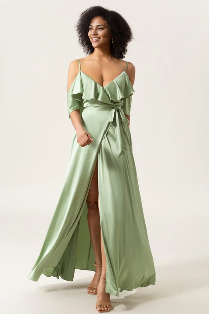 Unique A-line thin shoulder strap off shoulder satin bridesmaid dress