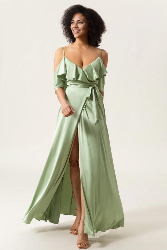 Unique A-line thin shoulder strap off shoulder satin bridesmaid dress