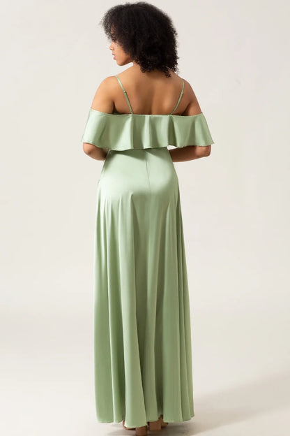 Unique A-line thin shoulder strap off shoulder satin bridesmaid dress