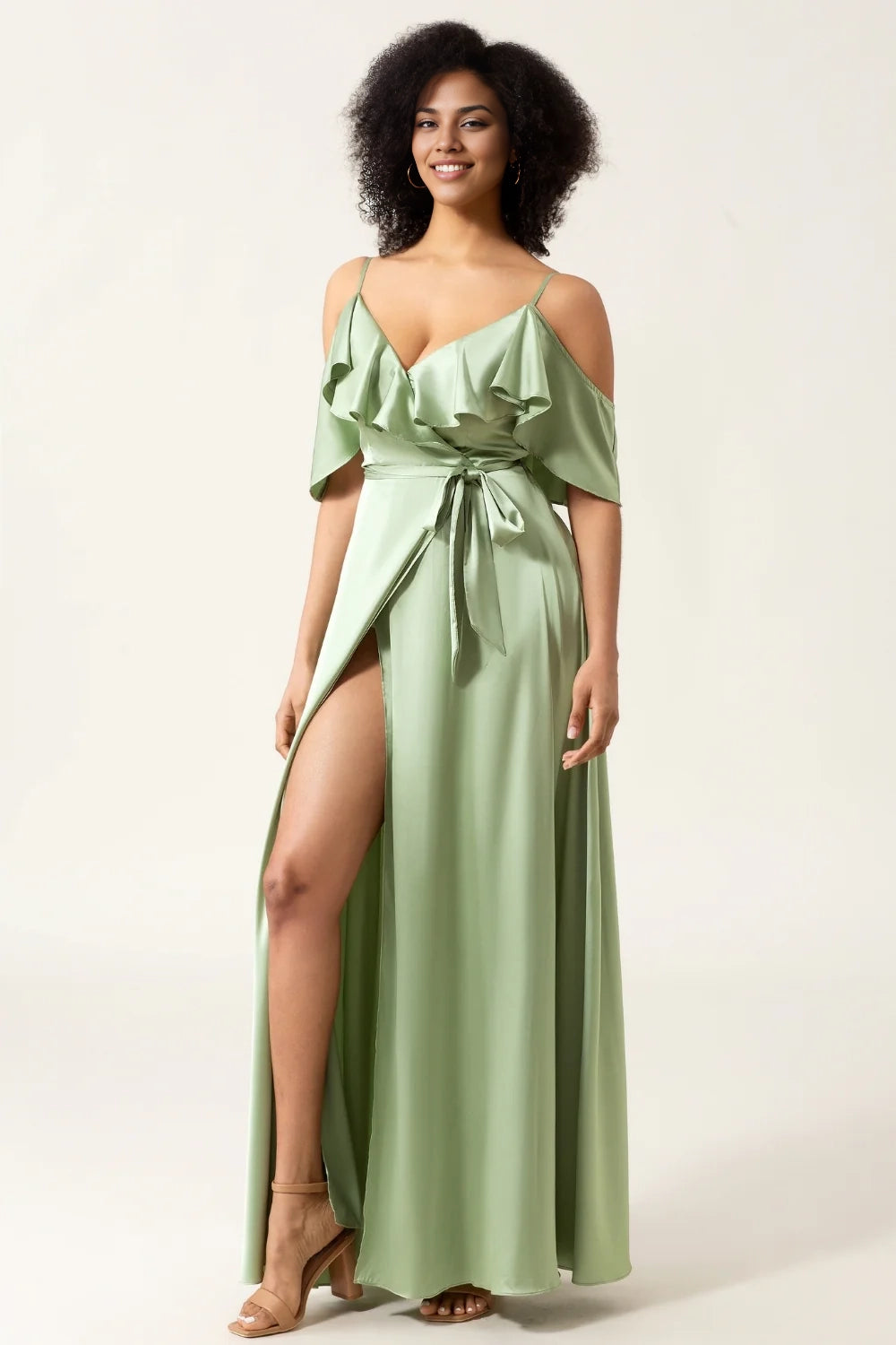 Unique A-line thin shoulder strap off shoulder satin bridesmaid dress