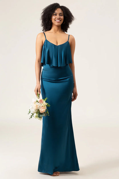 Unique flowing thin shoulder strap satin long pleated bridesmaid dress