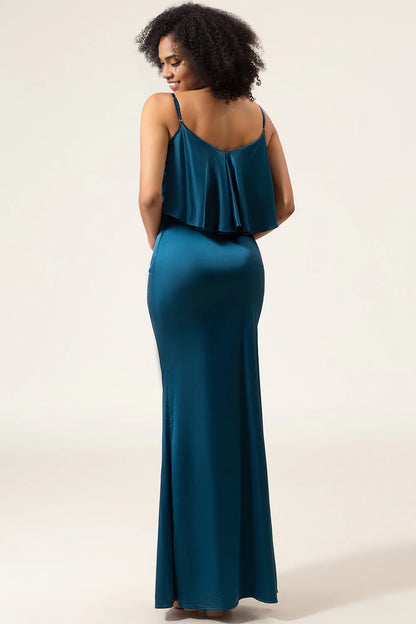Unique flowing thin shoulder strap satin long pleated bridesmaid dress