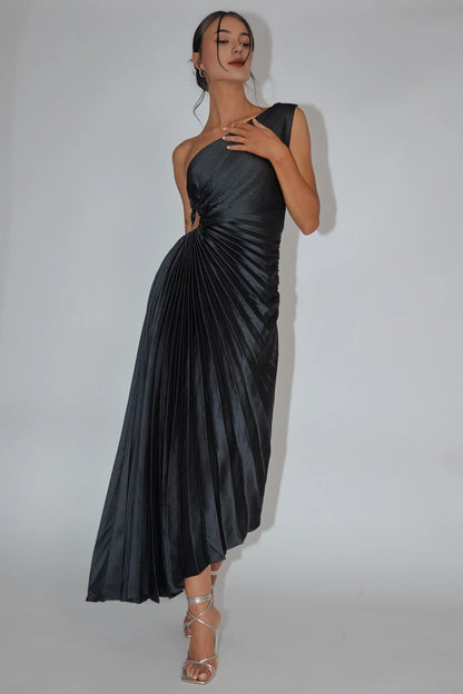 Unique one shoulder accordion pleated side hidden zipper bridesmaid dress