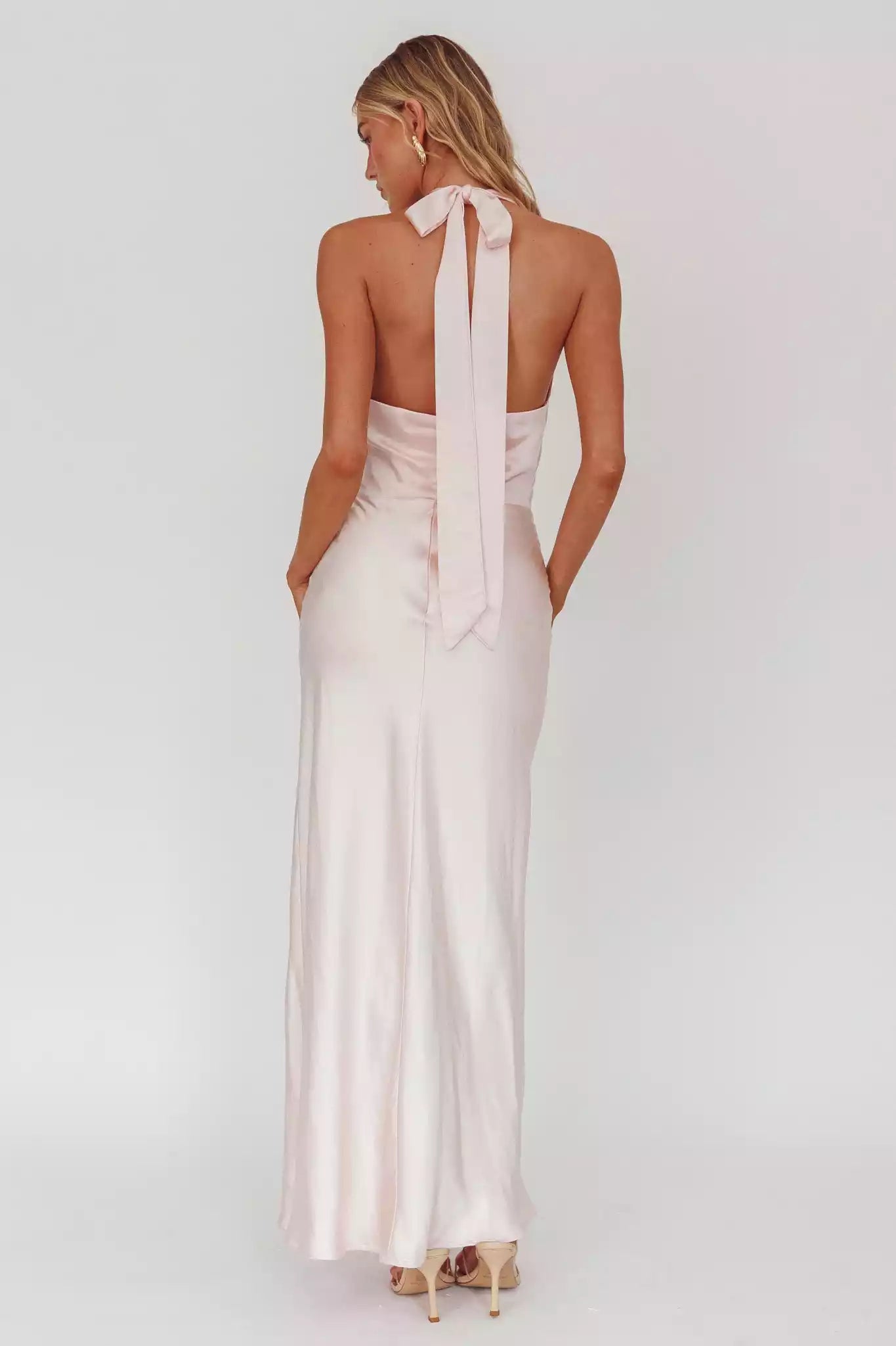 Unique scarf style collar with satin exposed back, side slit back and zipper Prom Dresses