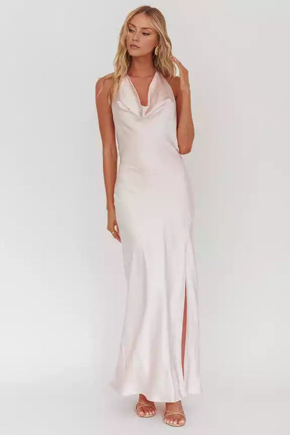 Unique scarf style collar with satin exposed back, side slit back and zipper Prom Dresses
