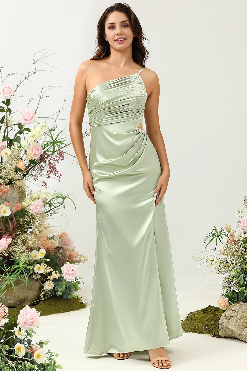 Unique slim shoulder strap A-line single shoulder shiny satin slit bridesmaid dress