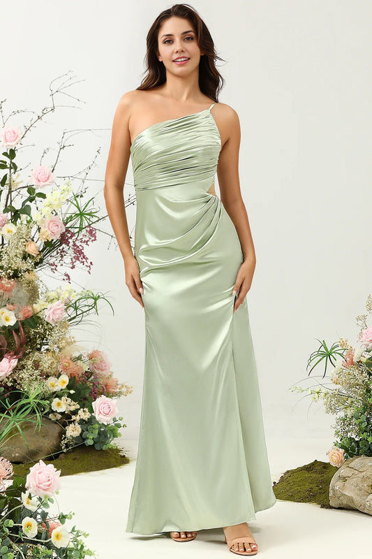 Unique slim shoulder strap A-line single shoulder shiny satin slit bridesmaid dress