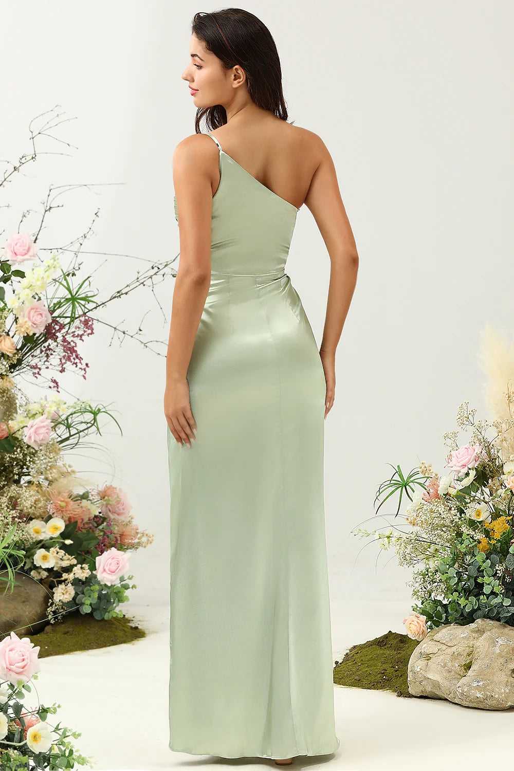 Unique slim shoulder strap A-line single shoulder shiny satin slit bridesmaid dress