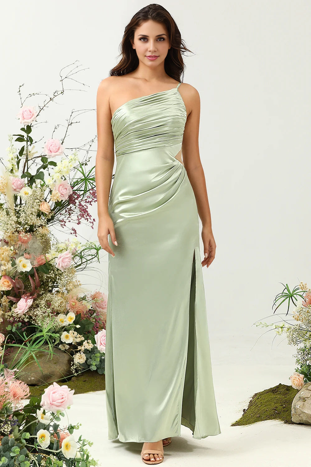Unique slim shoulder strap A-line single shoulder shiny satin slit bridesmaid dress
