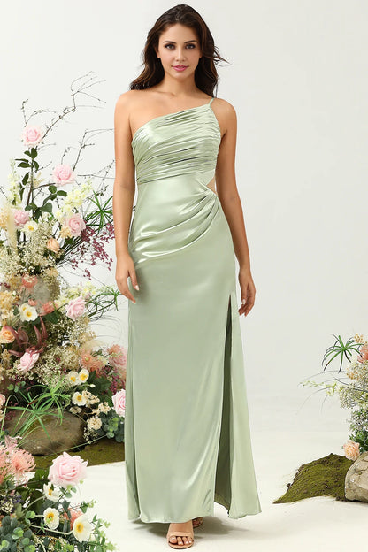 Unique slim shoulder strap A-line single shoulder shiny satin slit bridesmaid dress