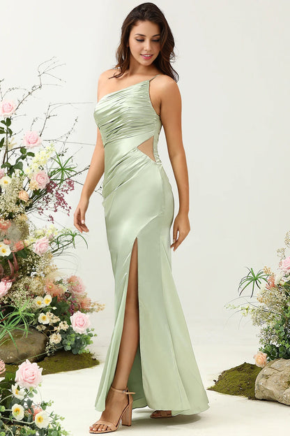 Unique slim shoulder strap A-line single shoulder shiny satin slit bridesmaid dress