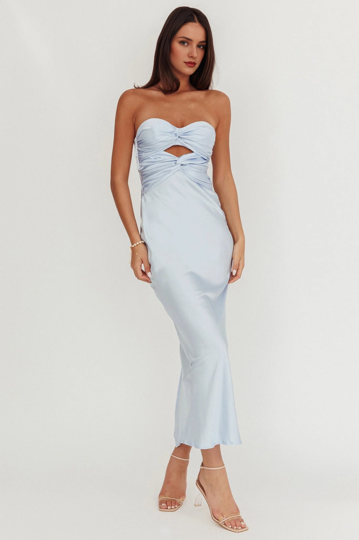 Unique strapless satin extra long backless lace up invisible back zipper bridesmaid dress