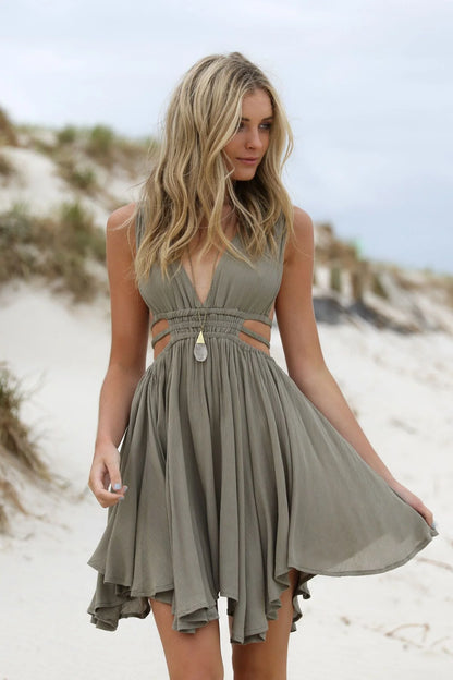 V-neck A-line open front short skirt with mini ruffle edge for Homecoming Party Dress