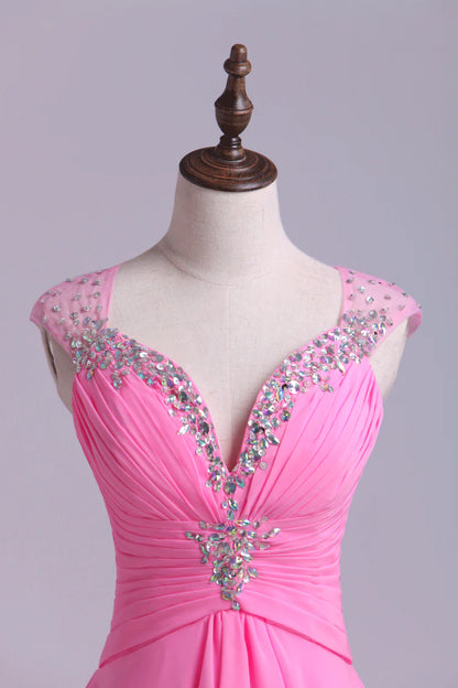 V-neck dress A-line short sheer and beaded chiffon
