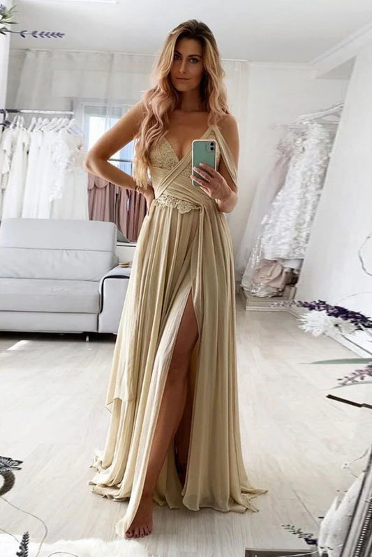 V-neck dance party party dress A-line chiffon lace split