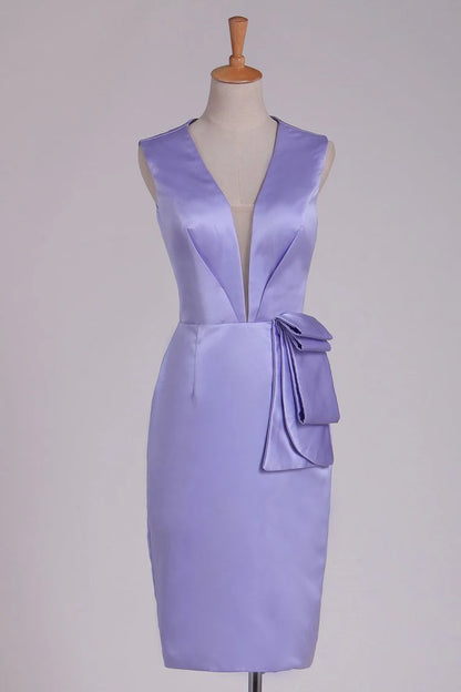 V-neck satin slit knee high column party, cocktail, and ball dress