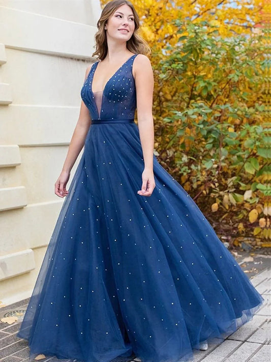 V-necked beaded tight floor sweeping slit sheer ball dress evening dress
