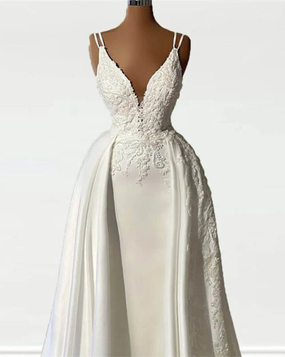 Straps V Neck Appliques Satin Wedding Dress