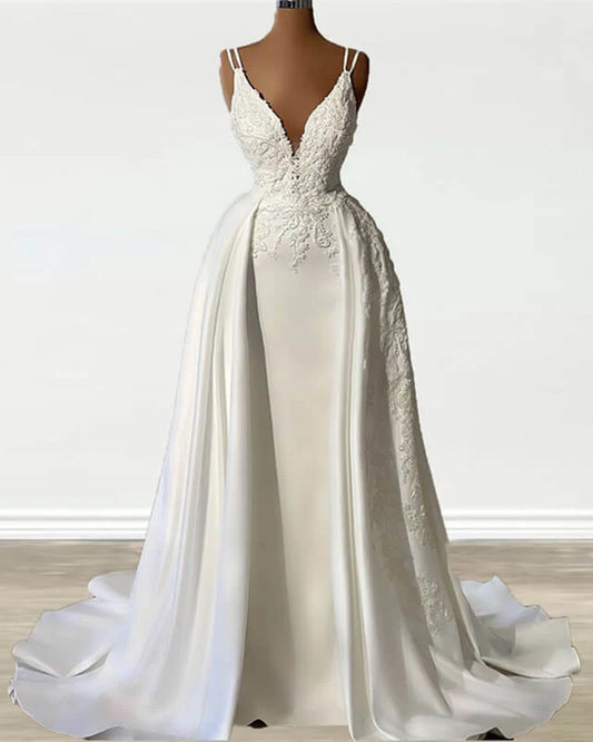 Straps V Neck Appliques Satin Wedding Dress